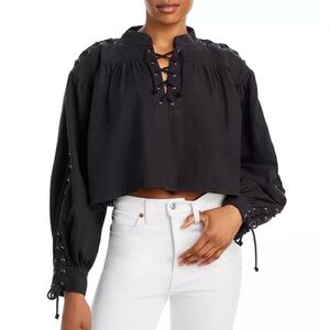 NEW Sz Small $395 RE/DONE Pirate Lace Up Linen Blend Washed Black Cropped Blouse
